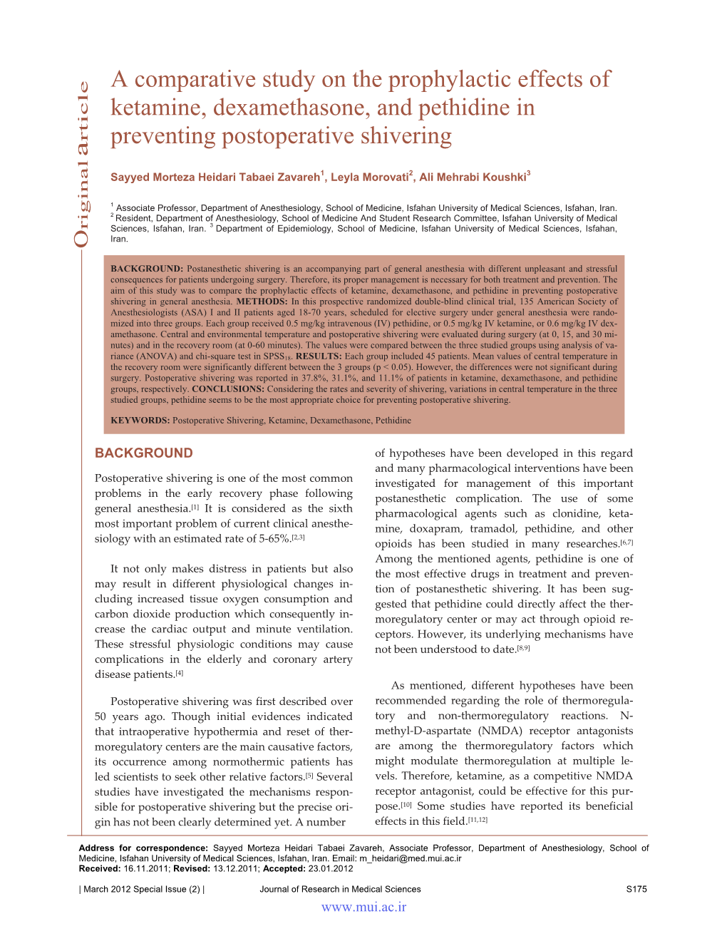 A Comparative Study on the Prophylactic Effects of Ketamine, to Rewarming