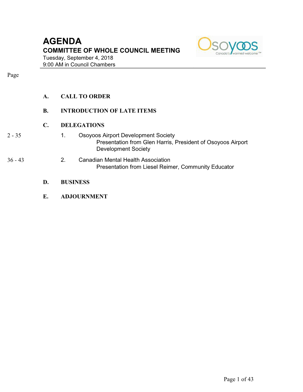 Committee of the Whole Meeting Agenda for the Meeting Held on Tuesday, September 4, 2018