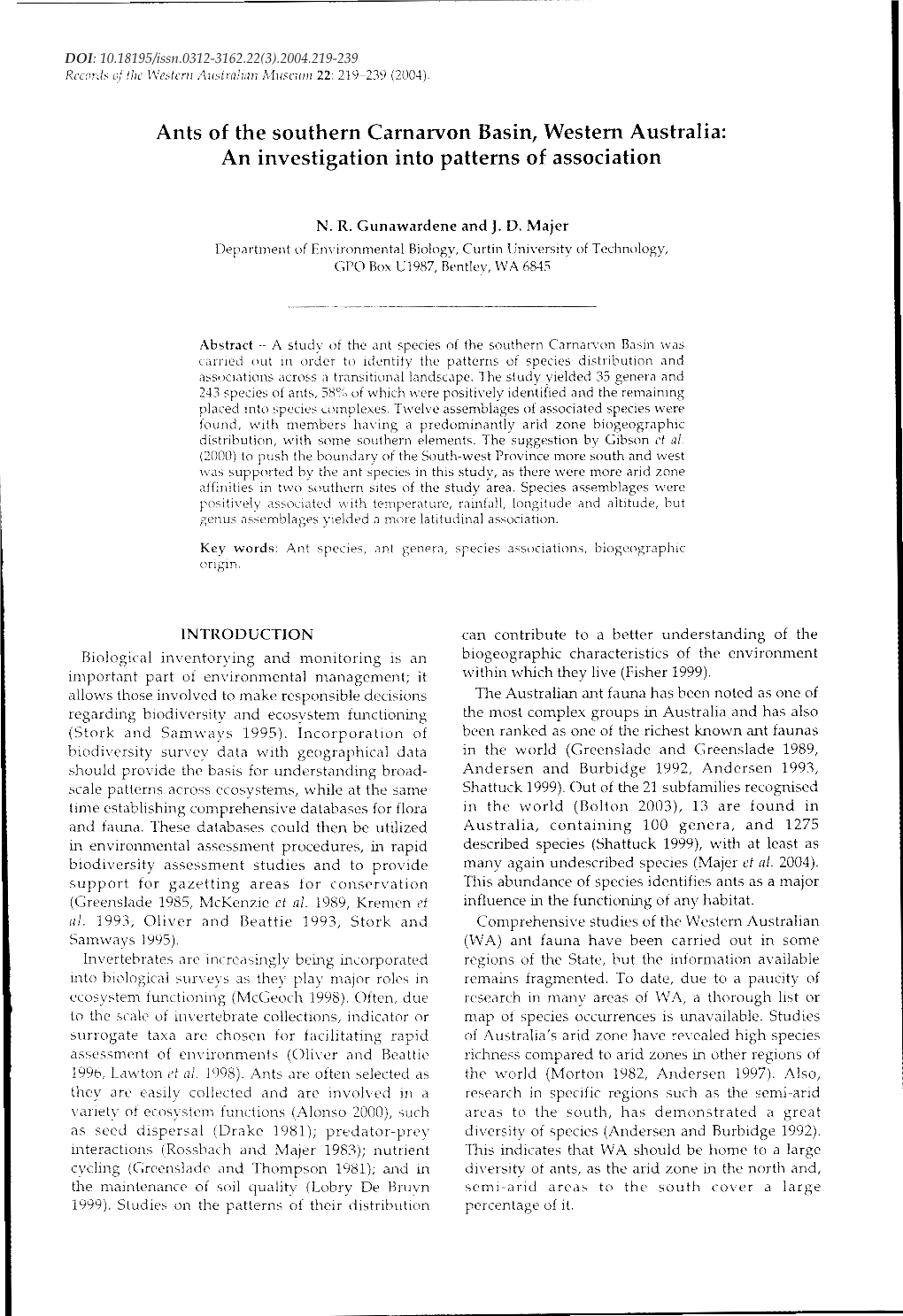 Ants of the Southern Carnarvon Basin, Western Australia: an Investigation Into Patterns of Association