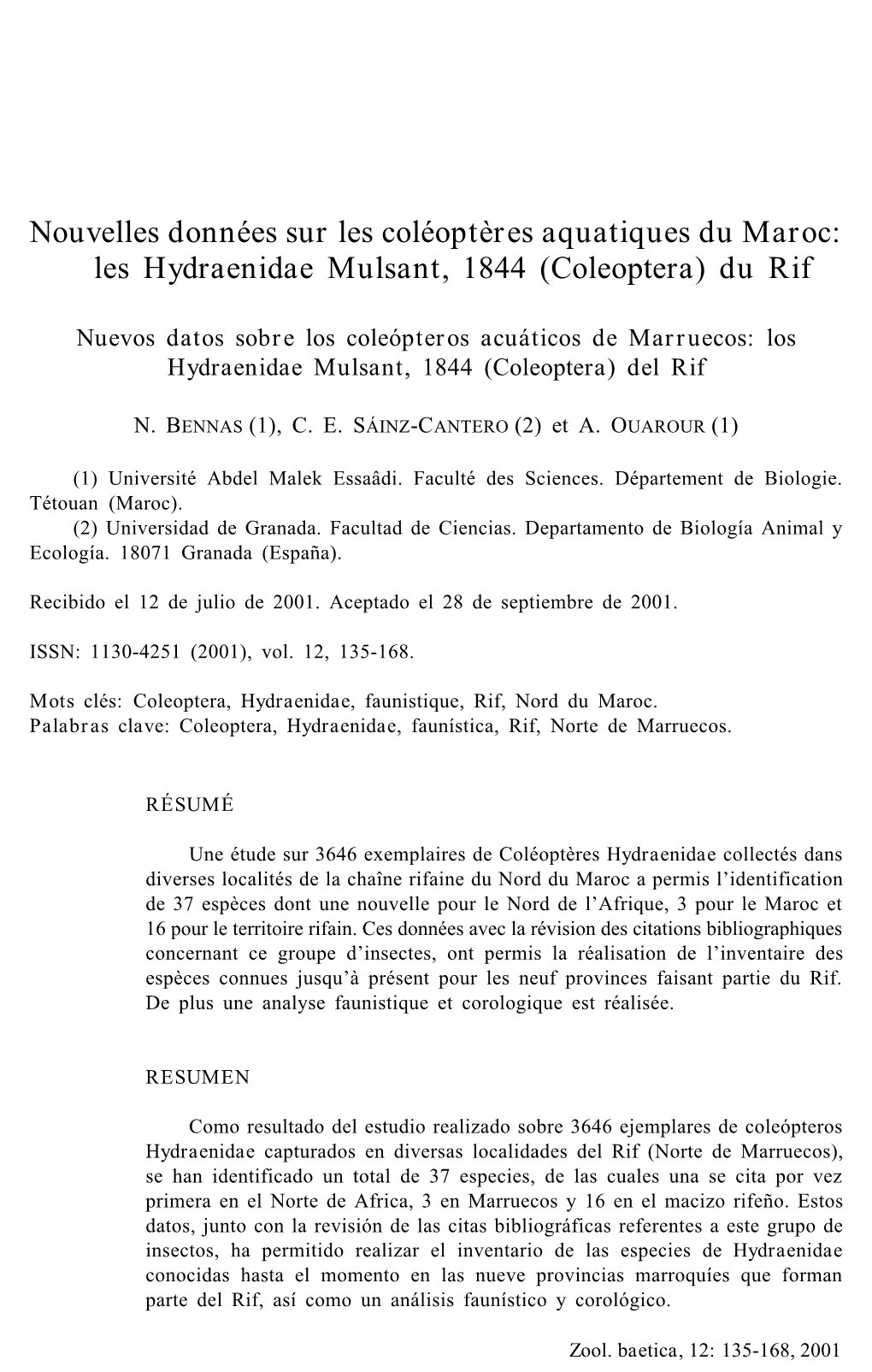 Les Hydraenidae Mulsant, 1844 (Coleoptera) Du Rif