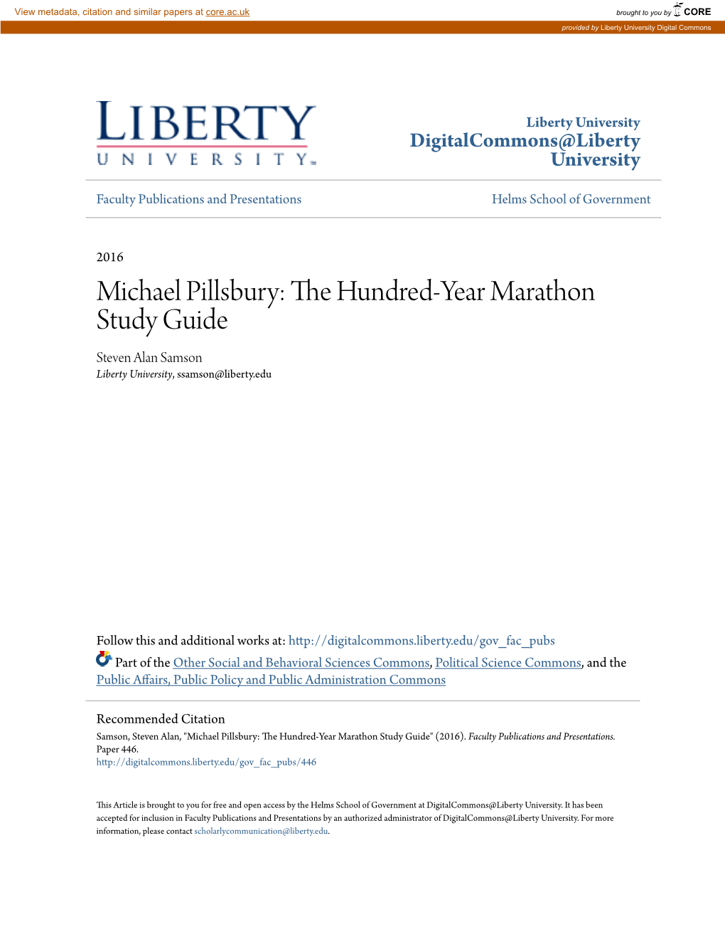 Michael Pillsbury: the Undrh Ed-Year Marathon Study Guide Steven Alan Samson Liberty University, Ssamson@Liberty.Edu