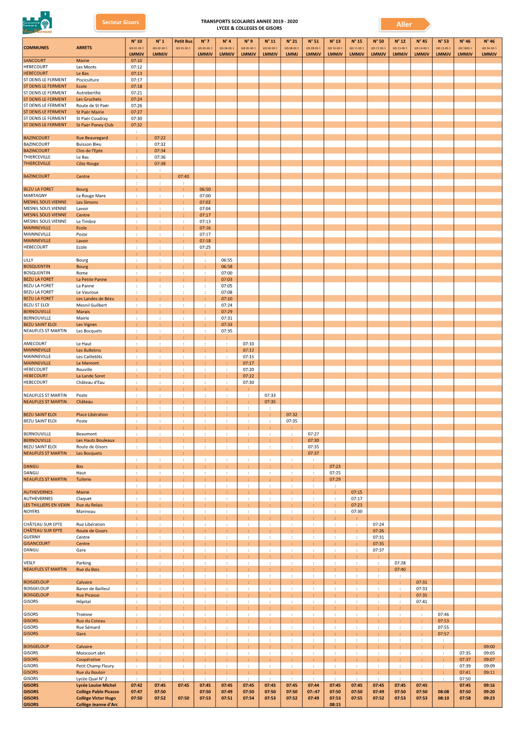 Secteur Gisors TRANSPORTS SCOLAIRES ANNEE 2019 - 2020 LYCEE & COLLEGES DE GISORS Aller