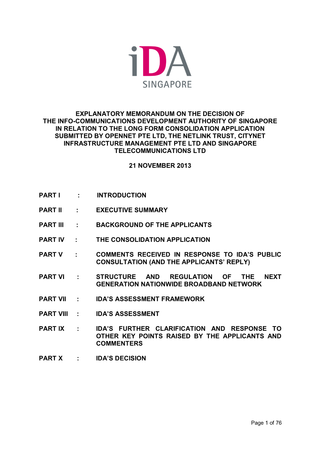 Explanatory Memorandum on the Decision of the Info-Communications Development Authority of Singapore in Relation to the Long