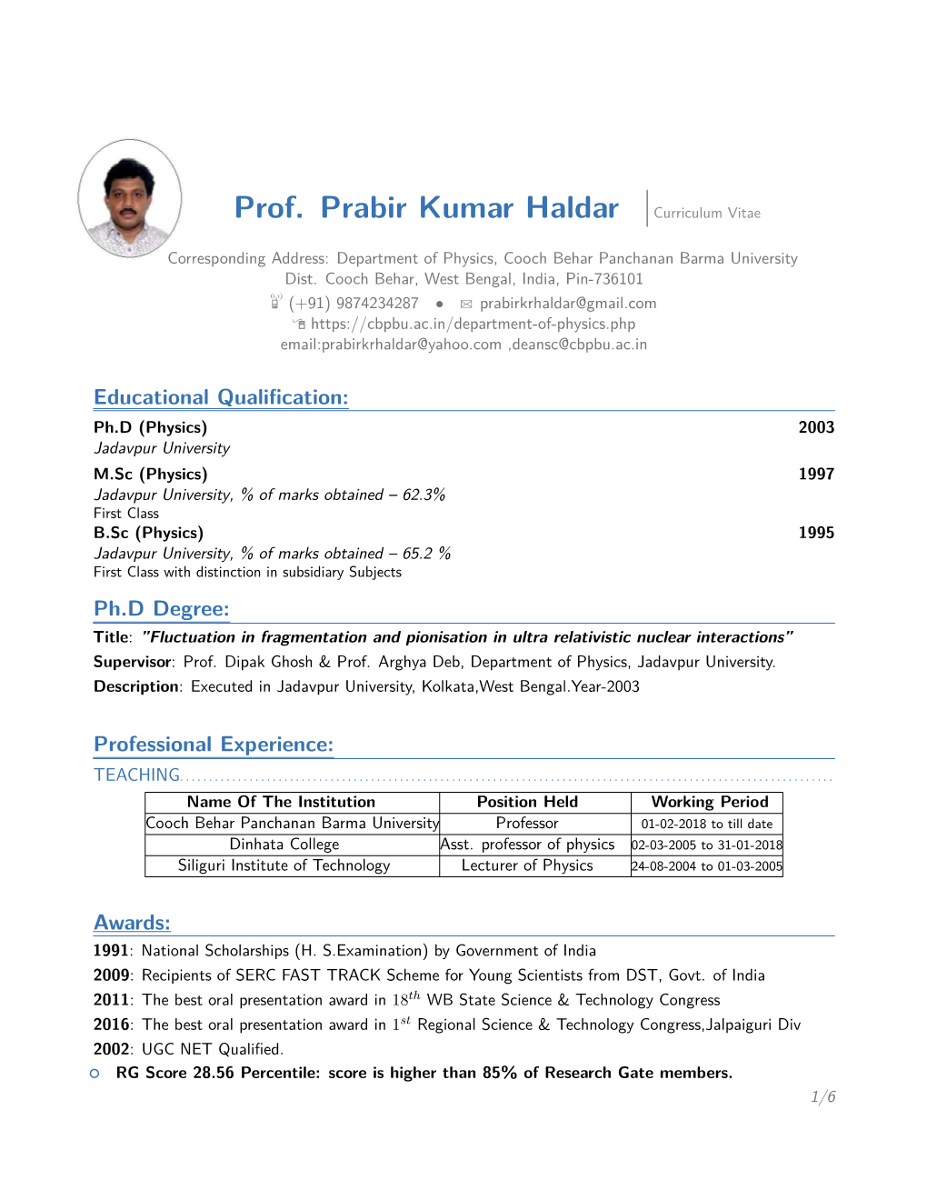 Prof. Prabir Kumar Haldar – Curriculum Vitae