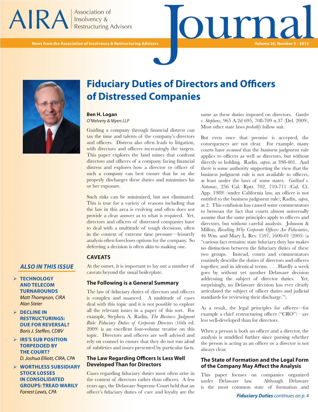 Fiduciary Duties of Directors and Officers of Distressed Companies
