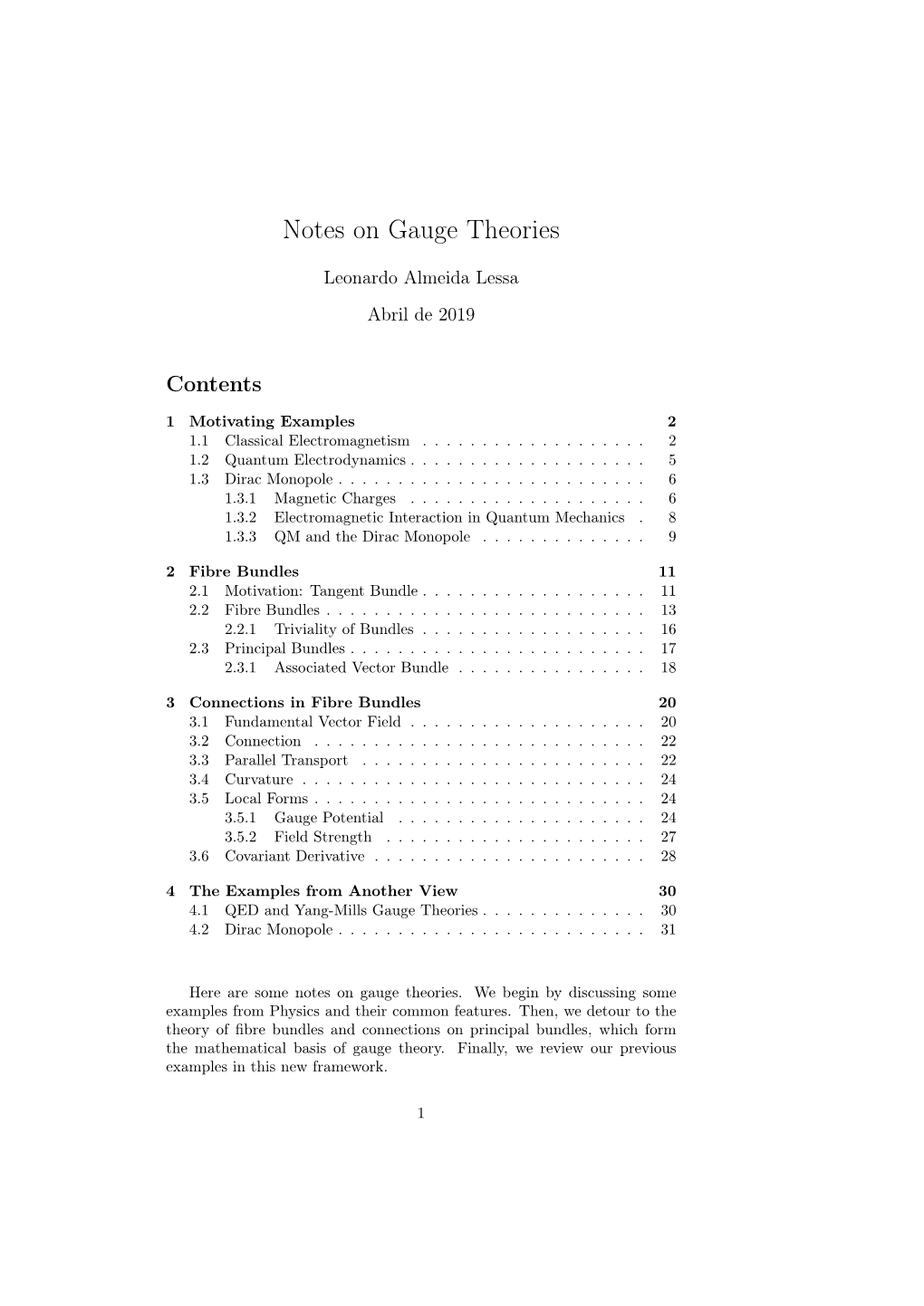 Notes on Gauge Theories