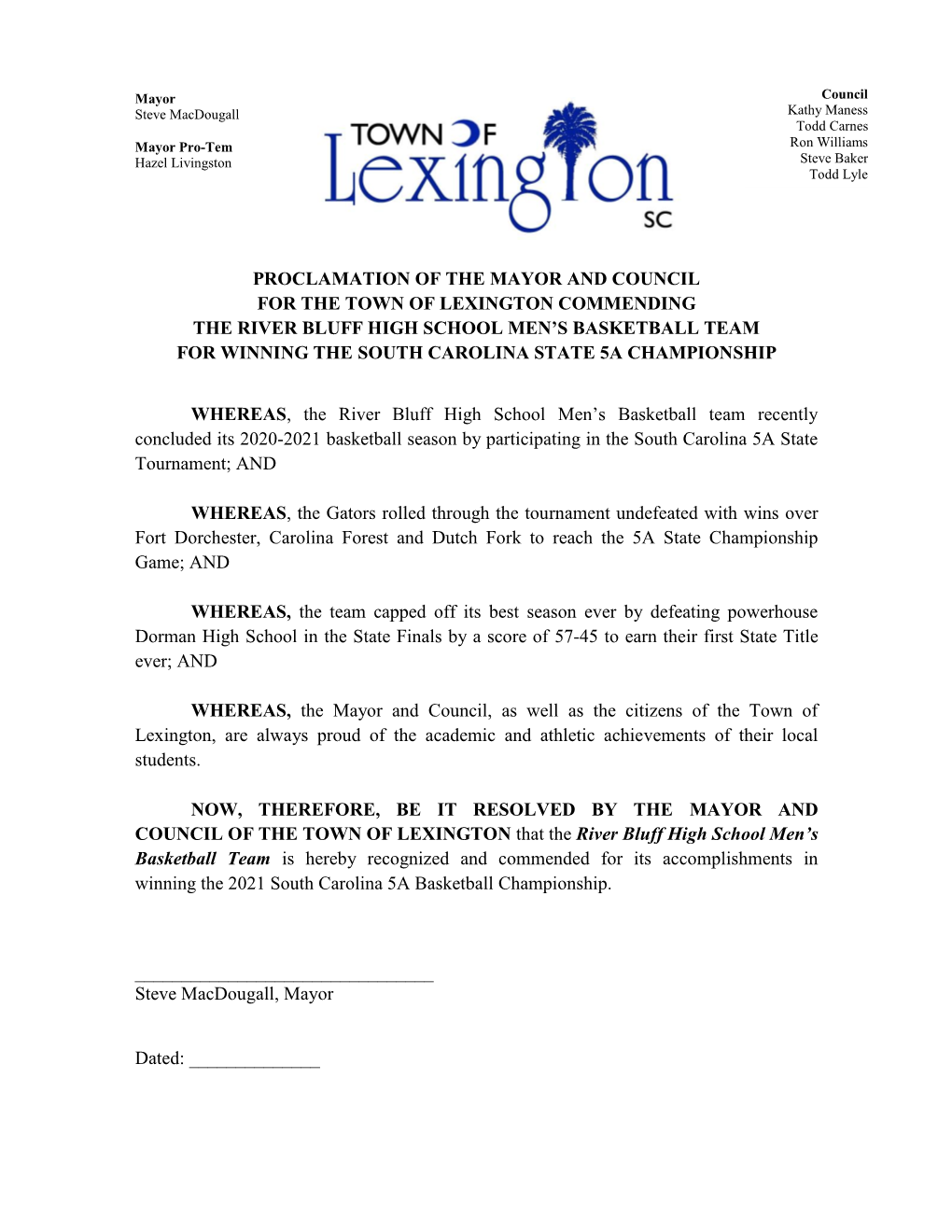 Proclamation of the Mayor and Council for the Town of Lexington Commending the River Bluff High School Men's Basketball Team