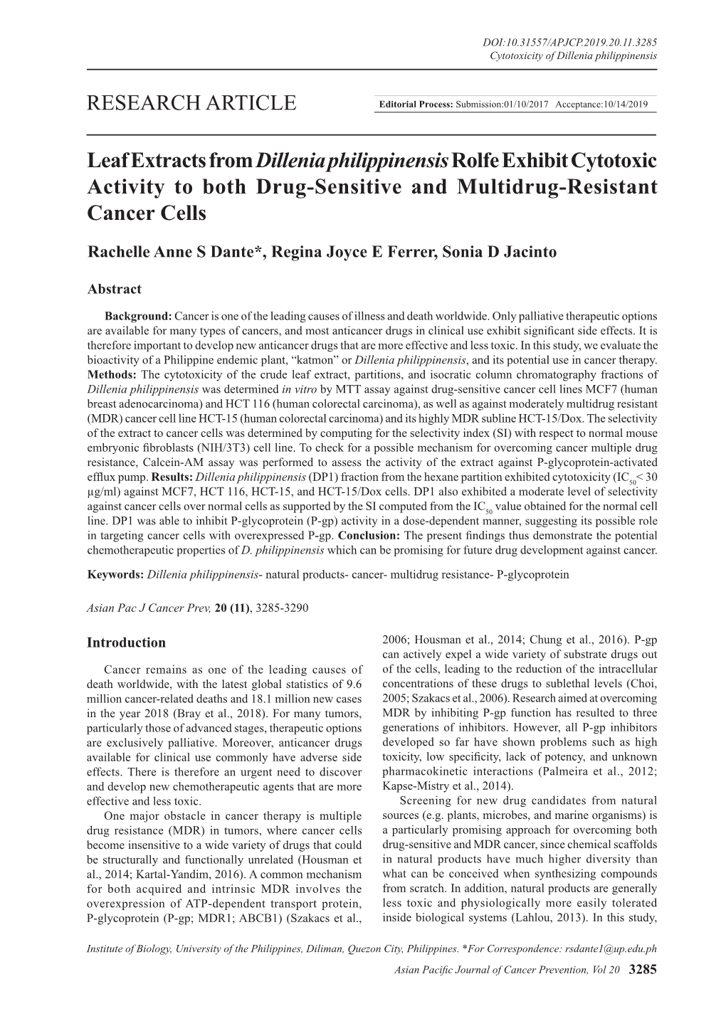 Leaf Extracts from Dillenia Philippinensisrolfe Exhibit Cytotoxic Activity to Both Drug-Sensitive and Multidrug-Resistant Cancer Cells