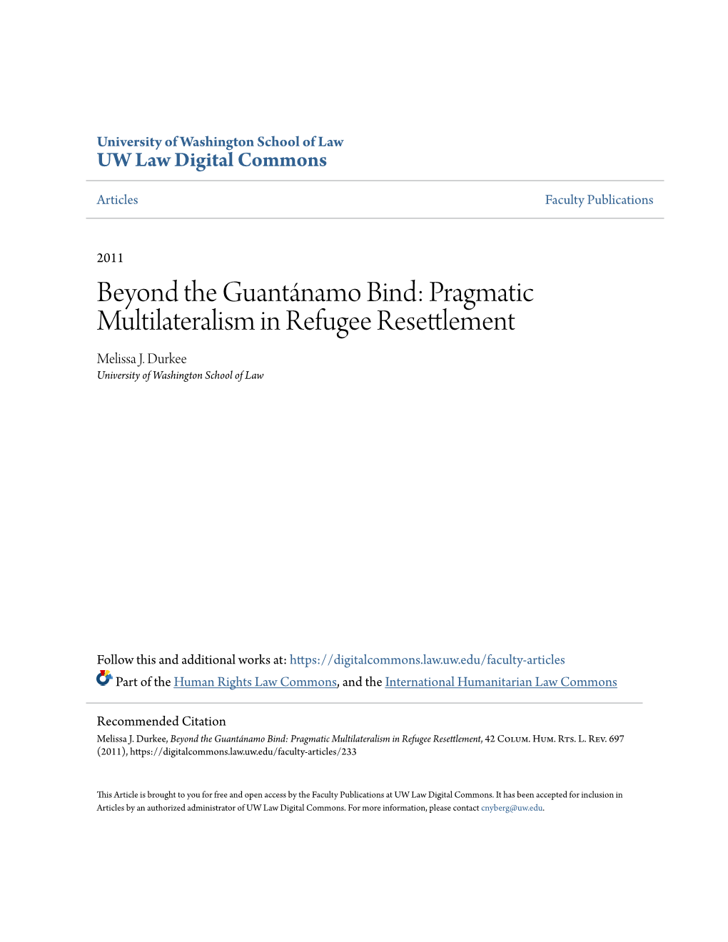 Pragmatic Multilateralism in Refugee Resettlement Melissa J