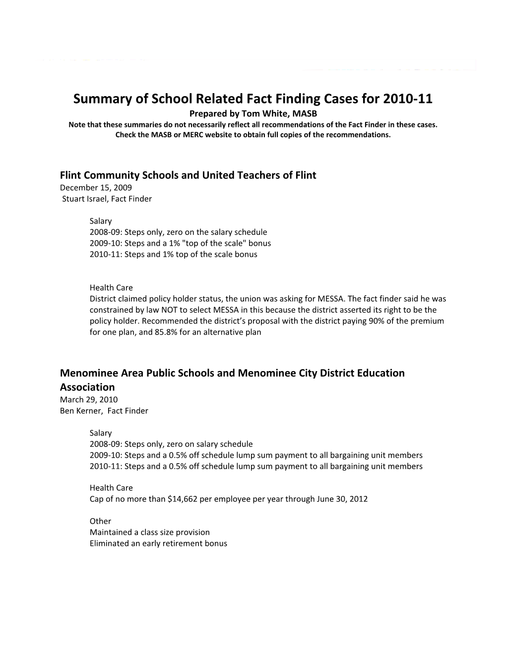 Summary of School Related Fact Finding Cases for 2010-11