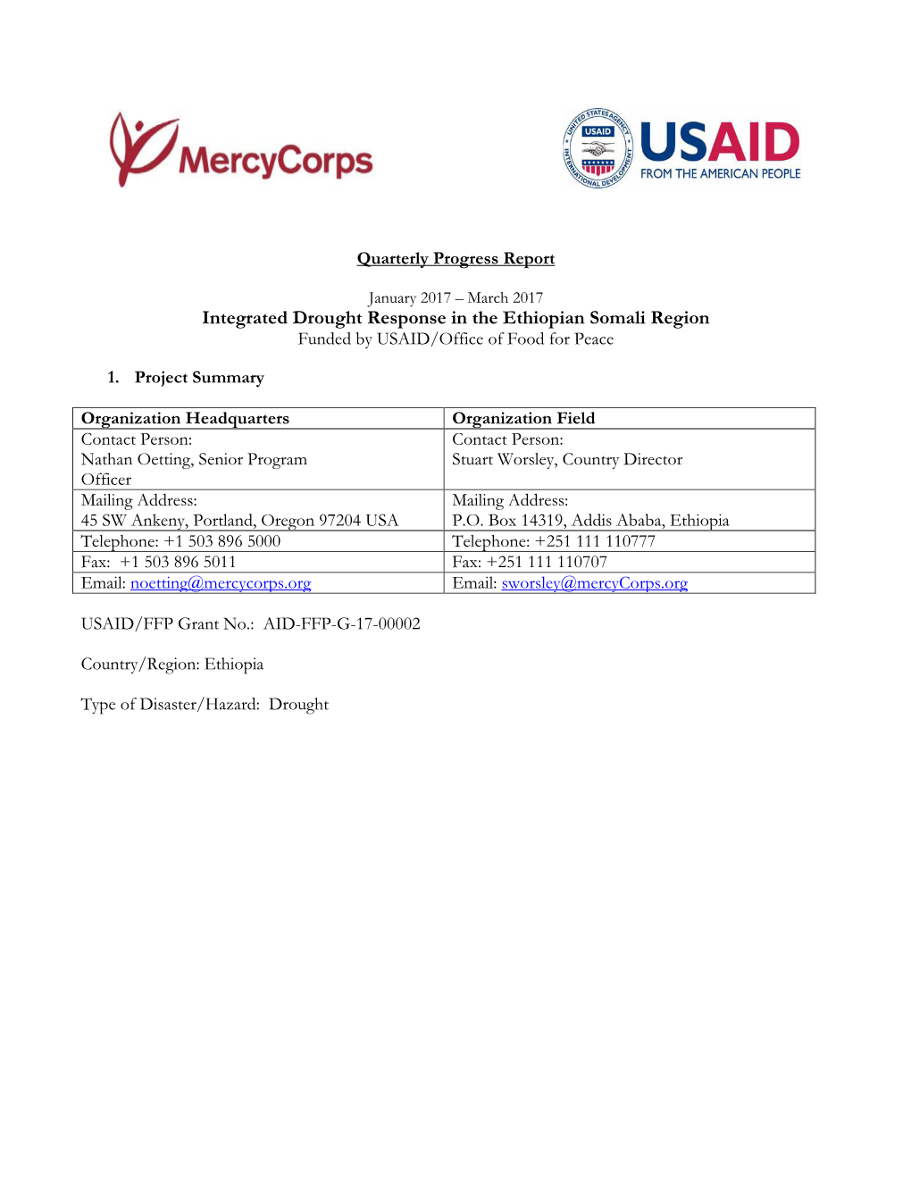 Integrated Drought Response in the Ethiopian Somali Region Funded by USAID/Office of Food for Peace