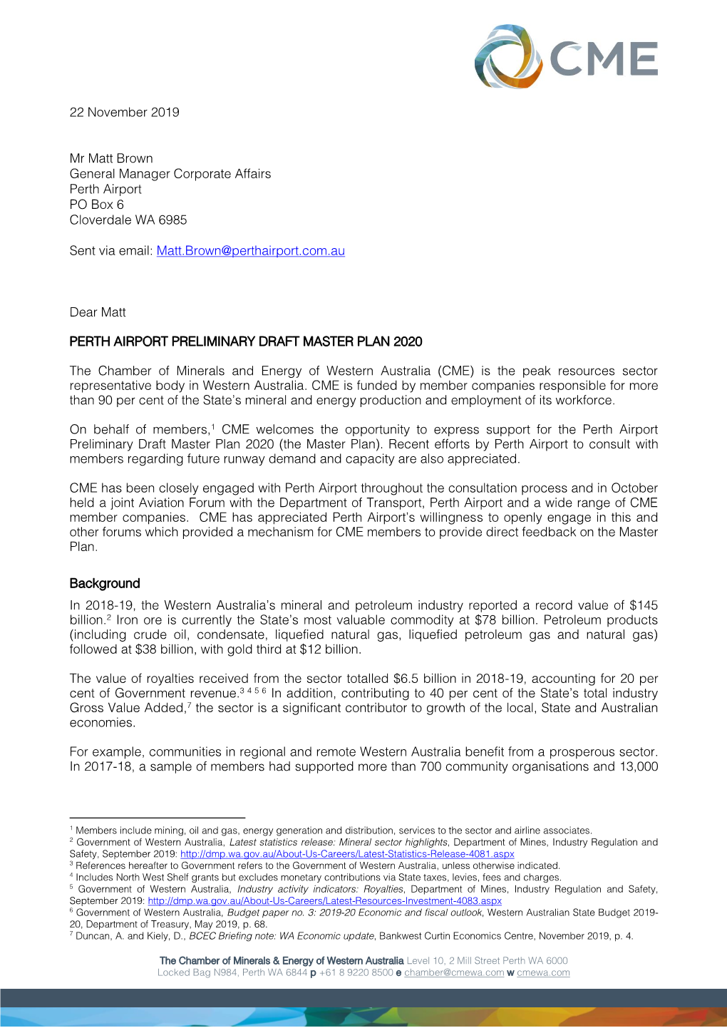 Perth Airport Preliminary Draft Master Plan 2020 Letter of Support