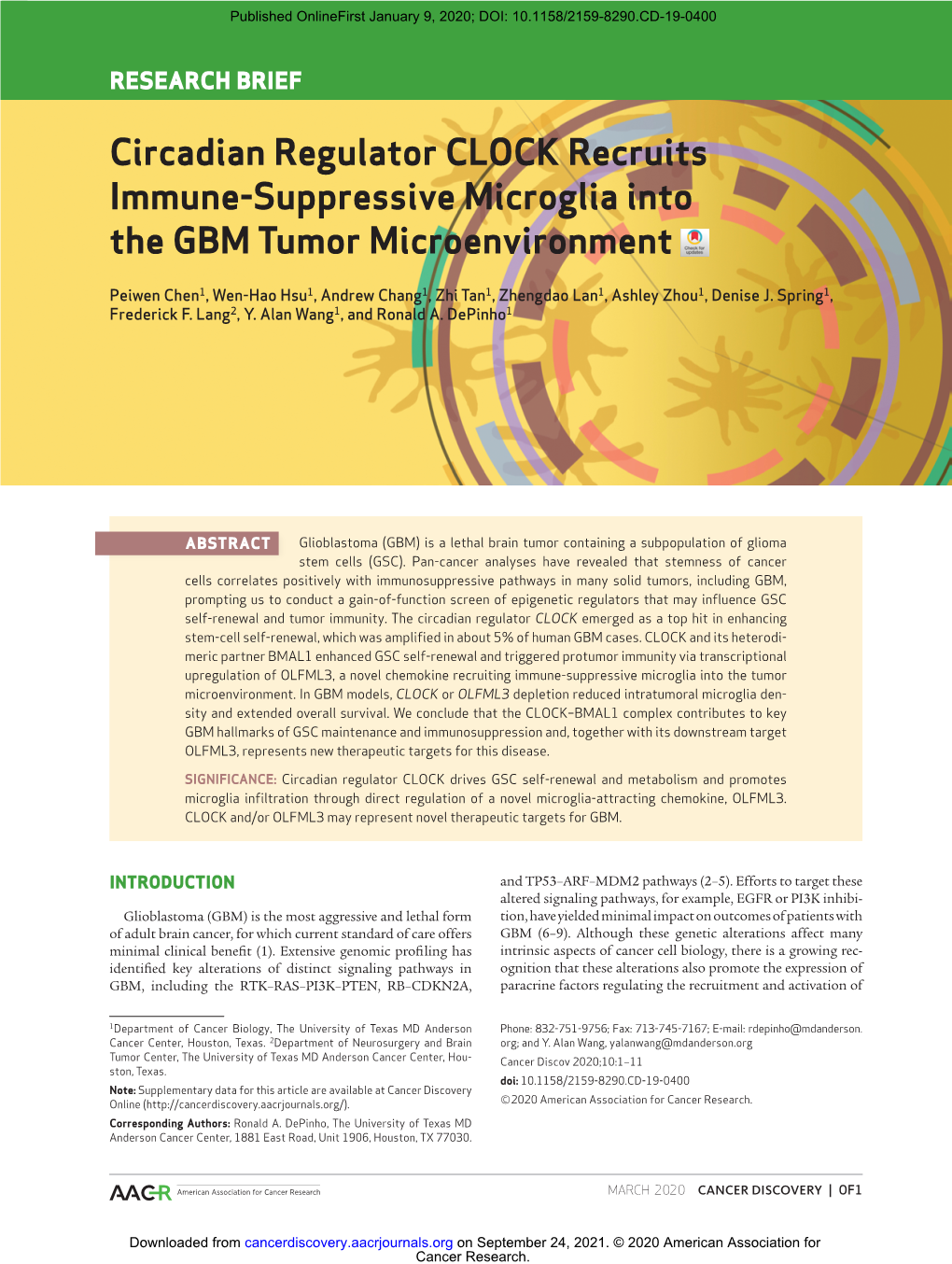 Circadian Regulator CLOCK Recruits Immune-Suppressive Microglia Into the GBM Tumor Microenvironment