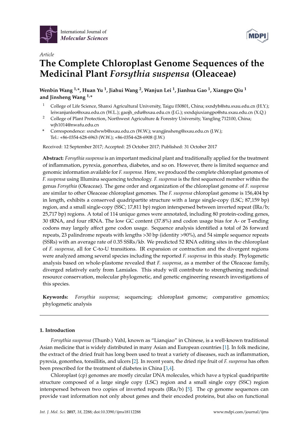 The Complete Chloroplast Genome Sequences of the Medicinal Plant Forsythia Suspensa (Oleaceae)