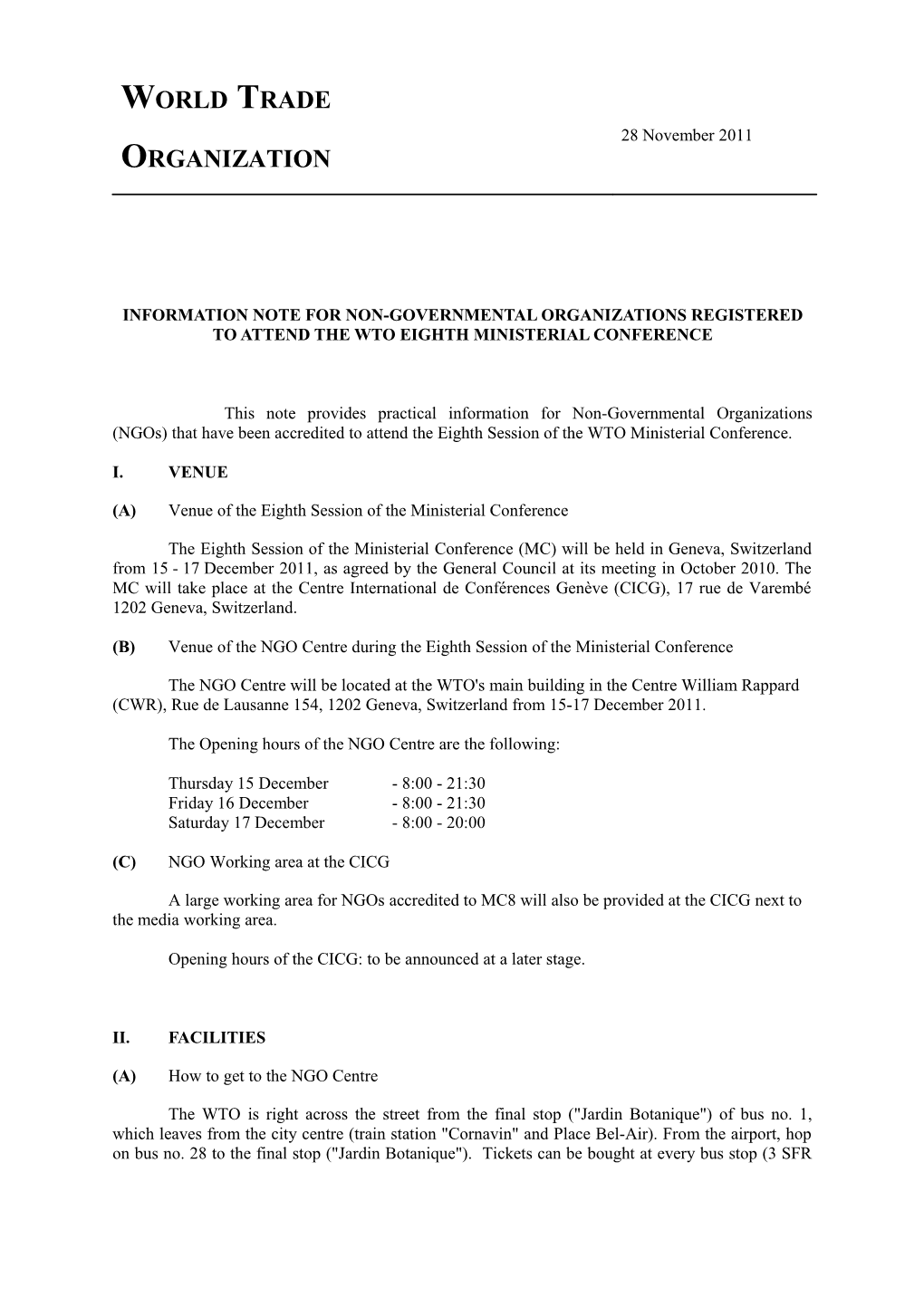 Information Note for Non-Governmental Organizations Registered to Attend the WTO EIGHTH