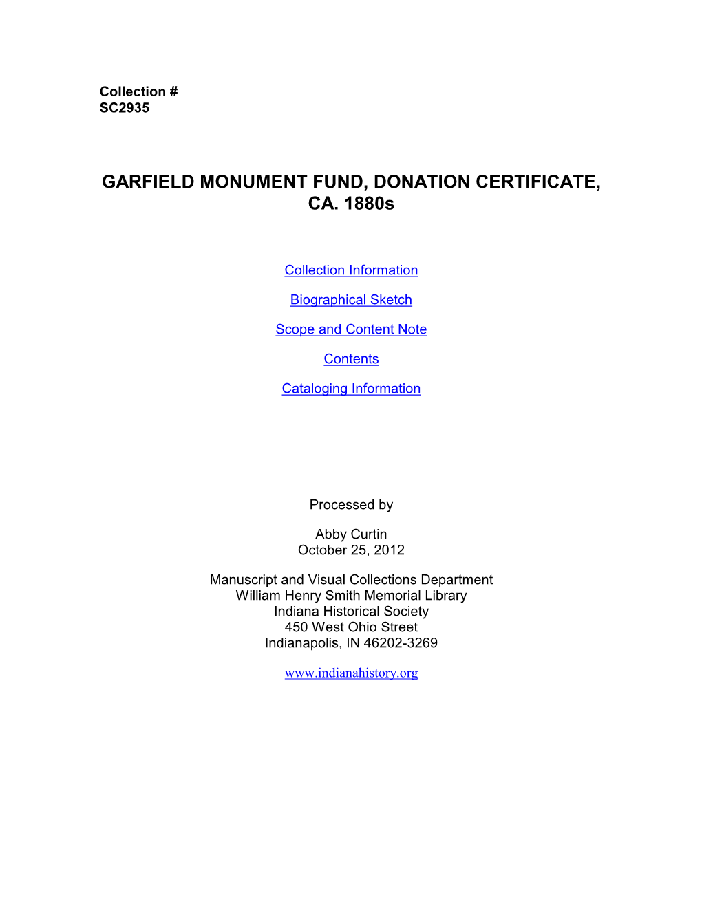 Garfield Monument Fund, Donation Certificate, Ca