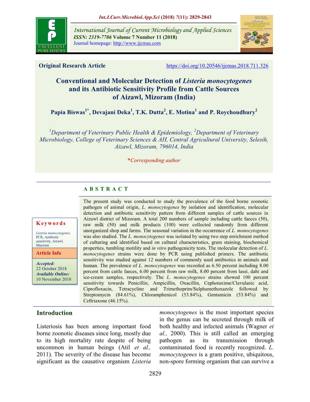 Conventional and Molecular Detection of Listeria Monocytogenes and Its Antibiotic Sensitivity Profile from Cattle Sources of Aizawl, Mizoram (India)