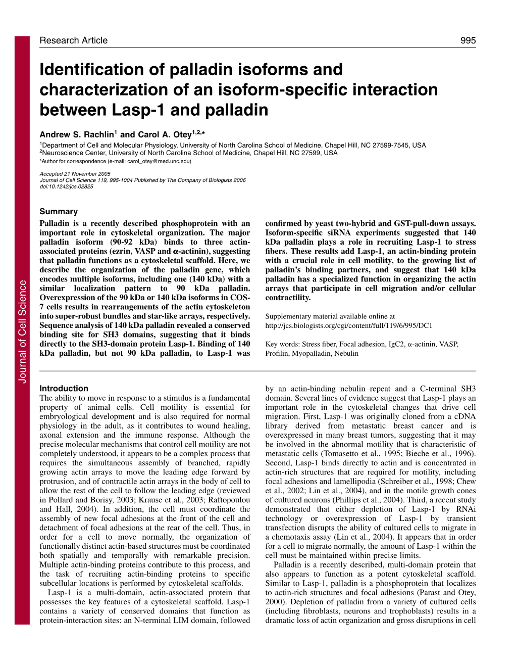 Identification of Palladin Isoforms and Characterization of an Isoform