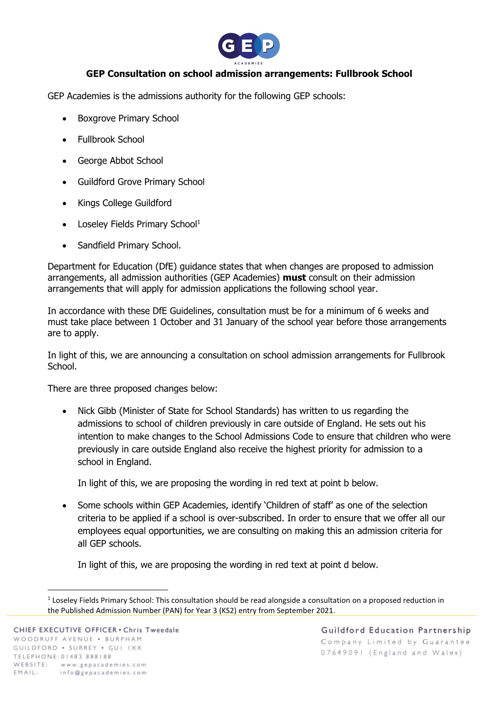 GEP Consultation on School Admission Arrangements: Fullbrook School