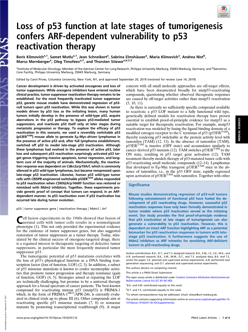 Loss of P53 Function at Late Stages of Tumorigenesis Confers ARF-Dependent Vulnerability to P53 Reactivation Therapy