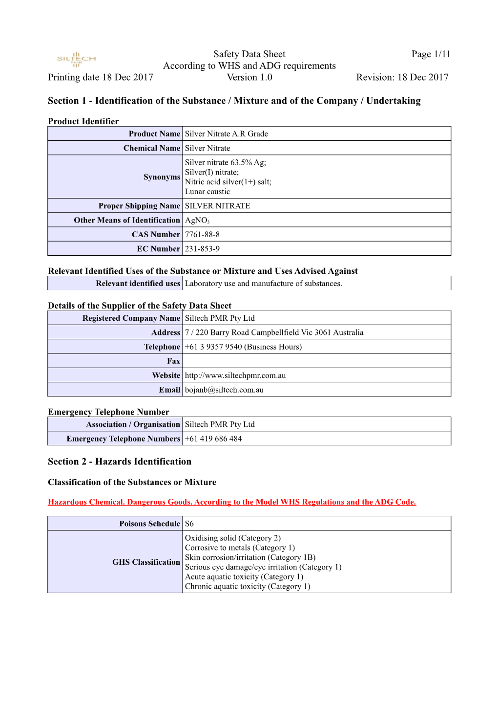 SDS – Silver Nitrate V1.0