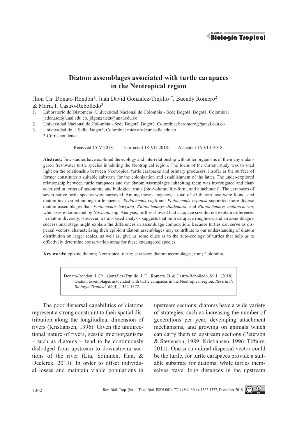 Diatom Assemblages Associated with Turtle Carapaces in the Neotropical Region