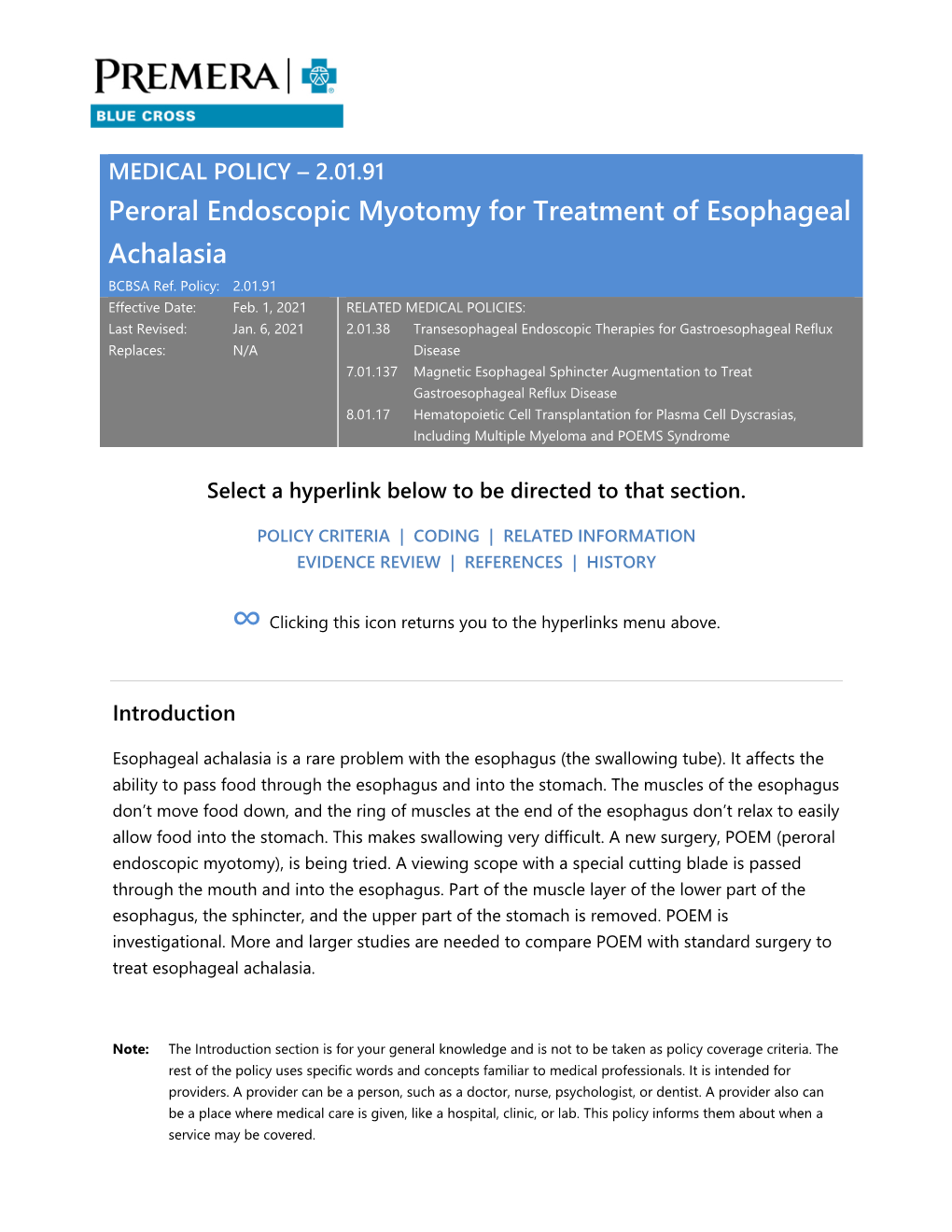 2.01.91 Peroral Endoscopic Myotomy for Treatment of Esophageal Achalasia BCBSA Ref