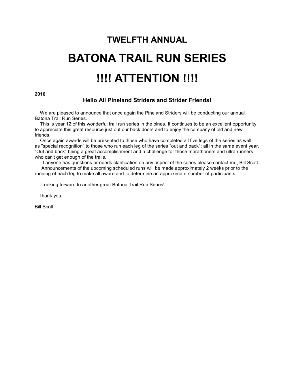 Batona Trail Run Series !!!! Attention !!!!