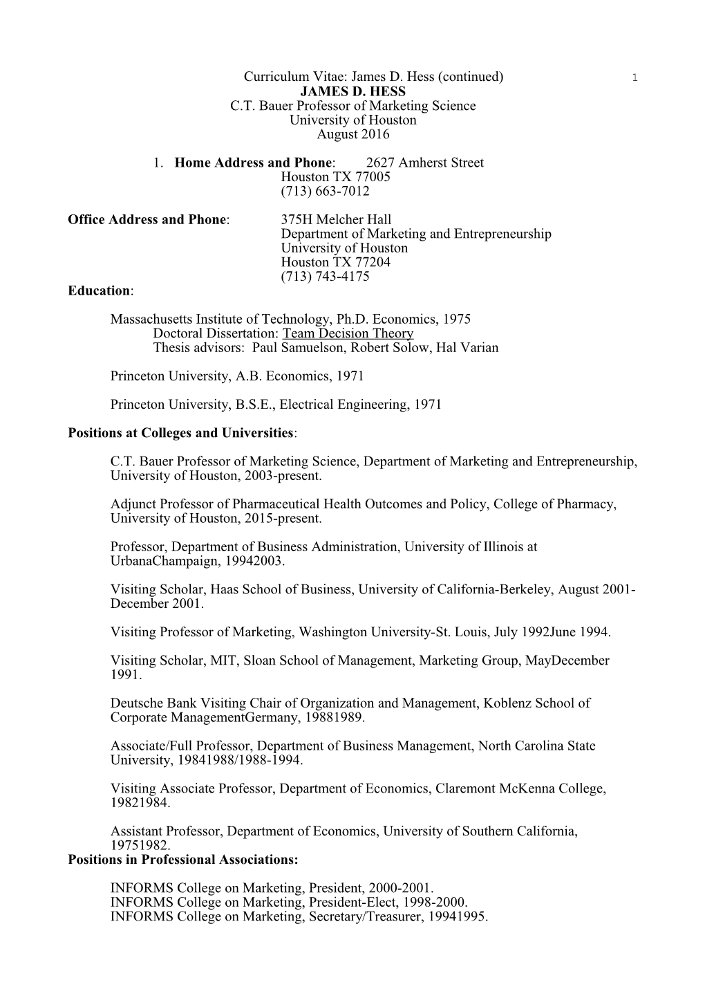 Curriculum Vitae: James D. Hess (Continued) 2