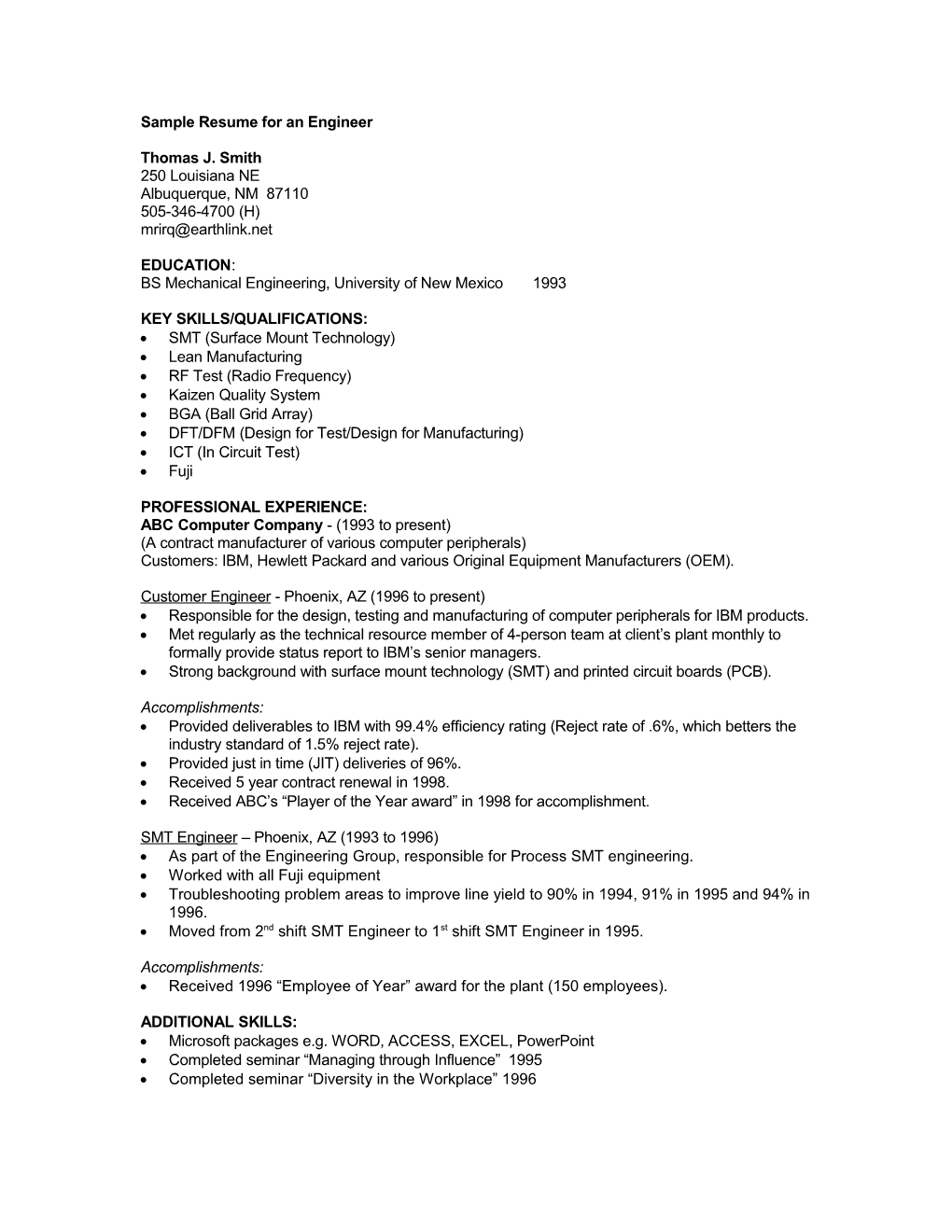 Sample Resume for an Engineer