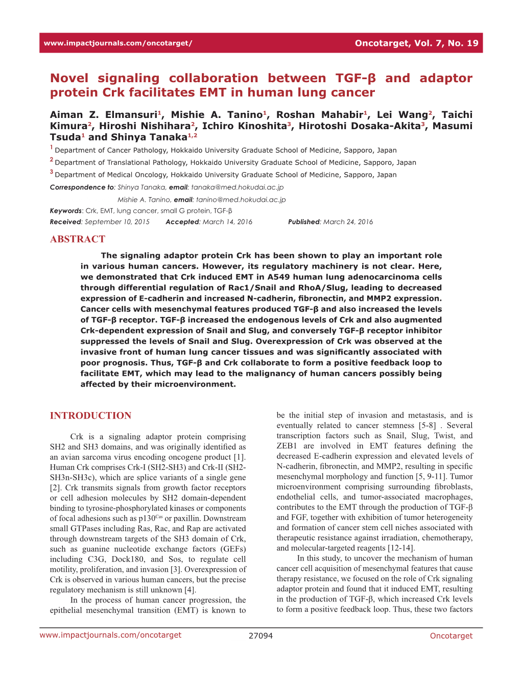 Novel Signaling Collaboration Between TGF-Β and Adaptor Protein Crk Facilitates EMT in Human Lung Cancer