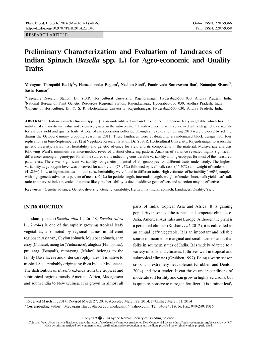 Preliminary Characterization and Evaluation of Landraces of Indian Spinach (Basella Spp