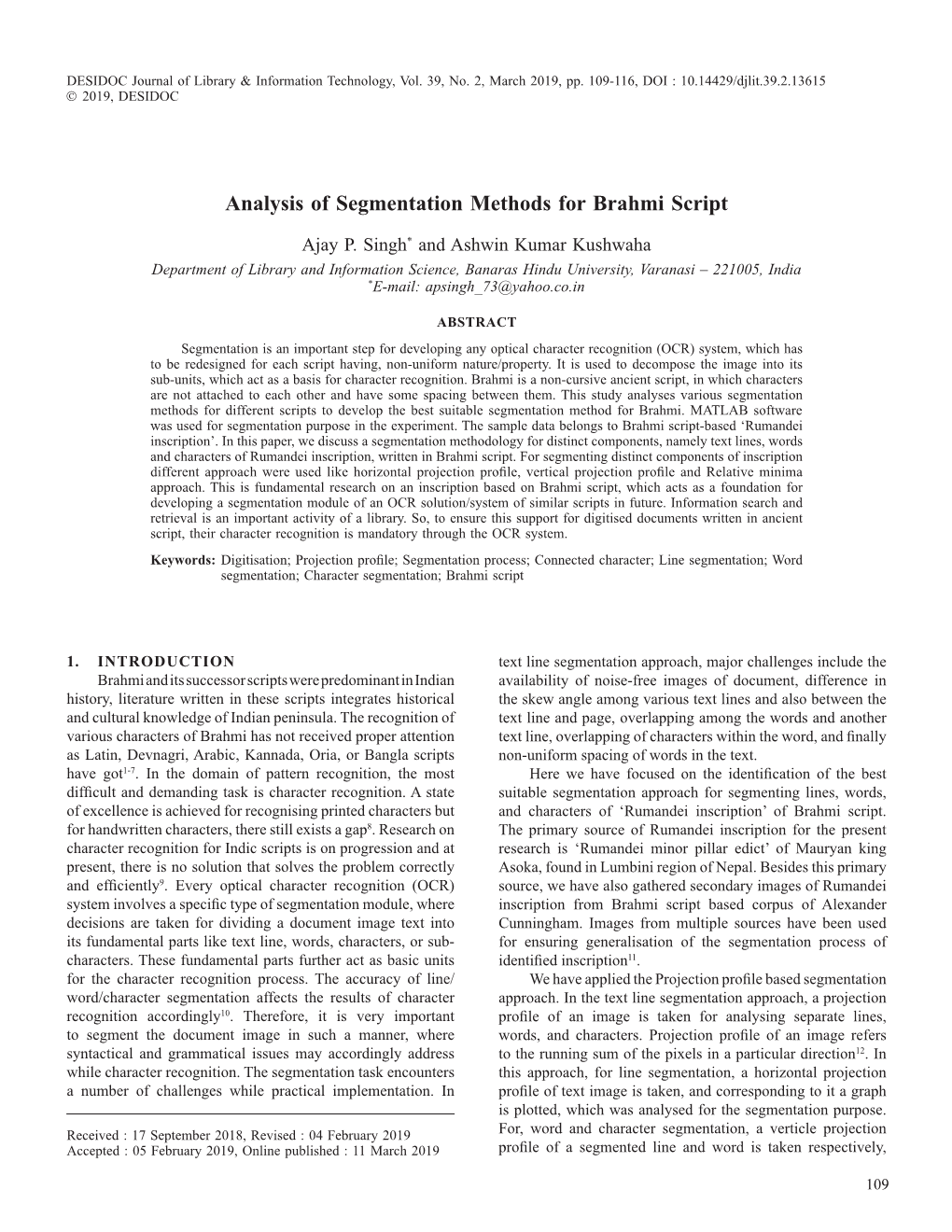 Analysis of Segmentation Methods for Brahmi Script