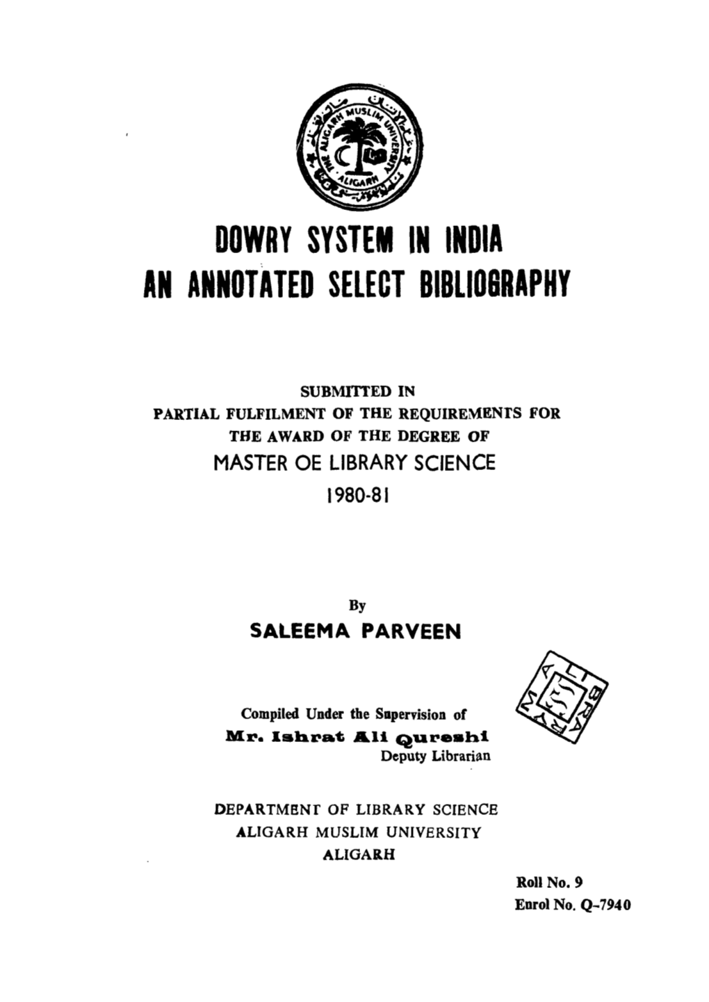 Dowry System in India an Annotated Select Bibli06raphy