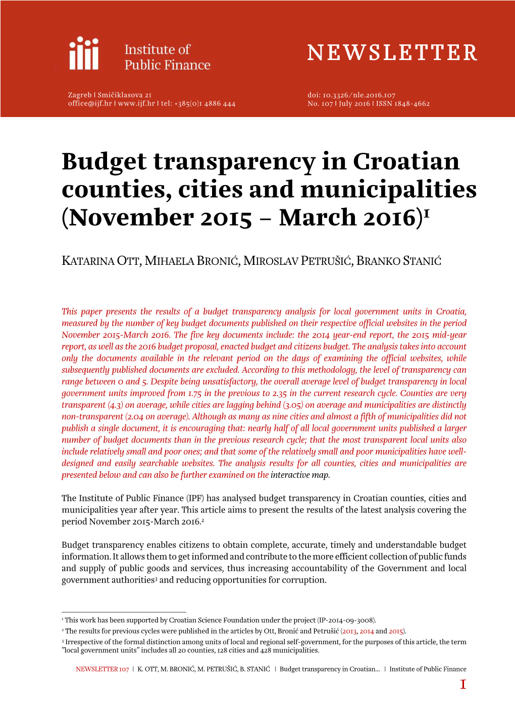 Budget Transparency in Croatian Counties, Cities and Municipalities (November 2015 – March 2016)1