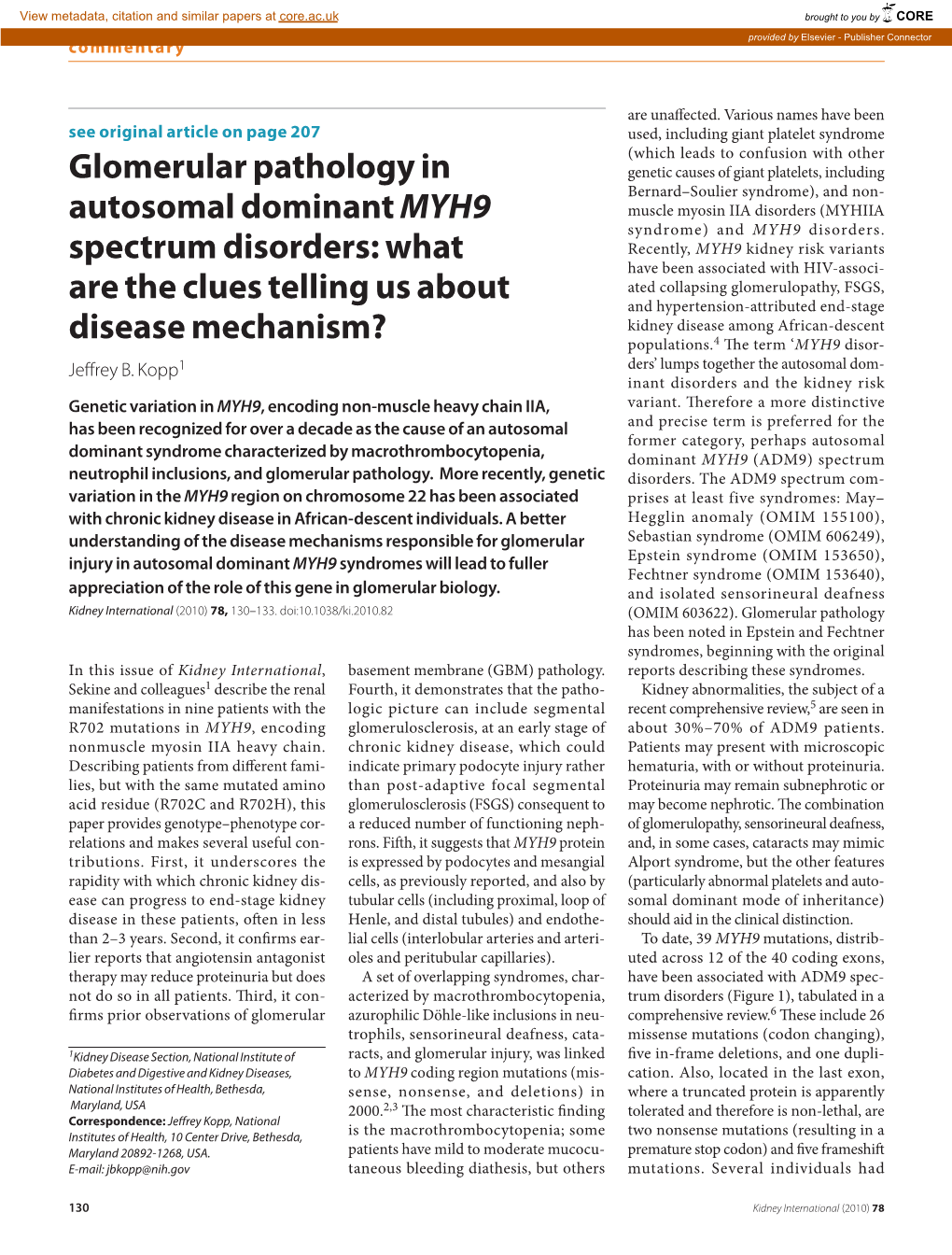 Glomerular Pathology in Autosomal Dominant MYH9 Spectrum