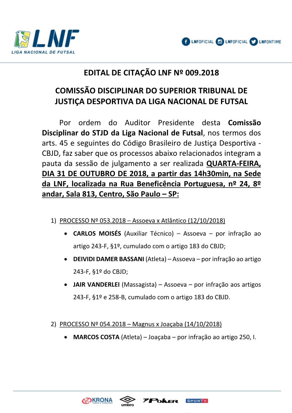 Edital De Citação Lnf Nº 009.2018