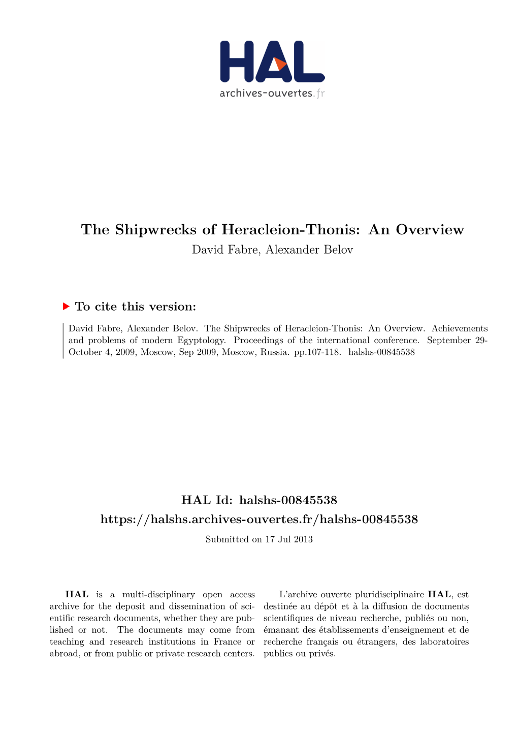 The Shipwrecks of Heracleion-Thonis: an Overview David Fabre, Alexander Belov