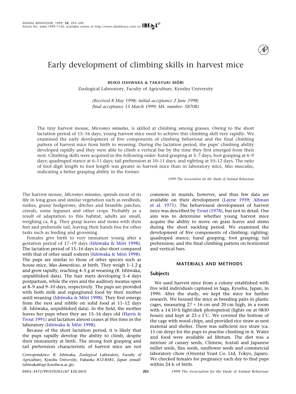 Early Development of Climbing Skills in Harvest Mice