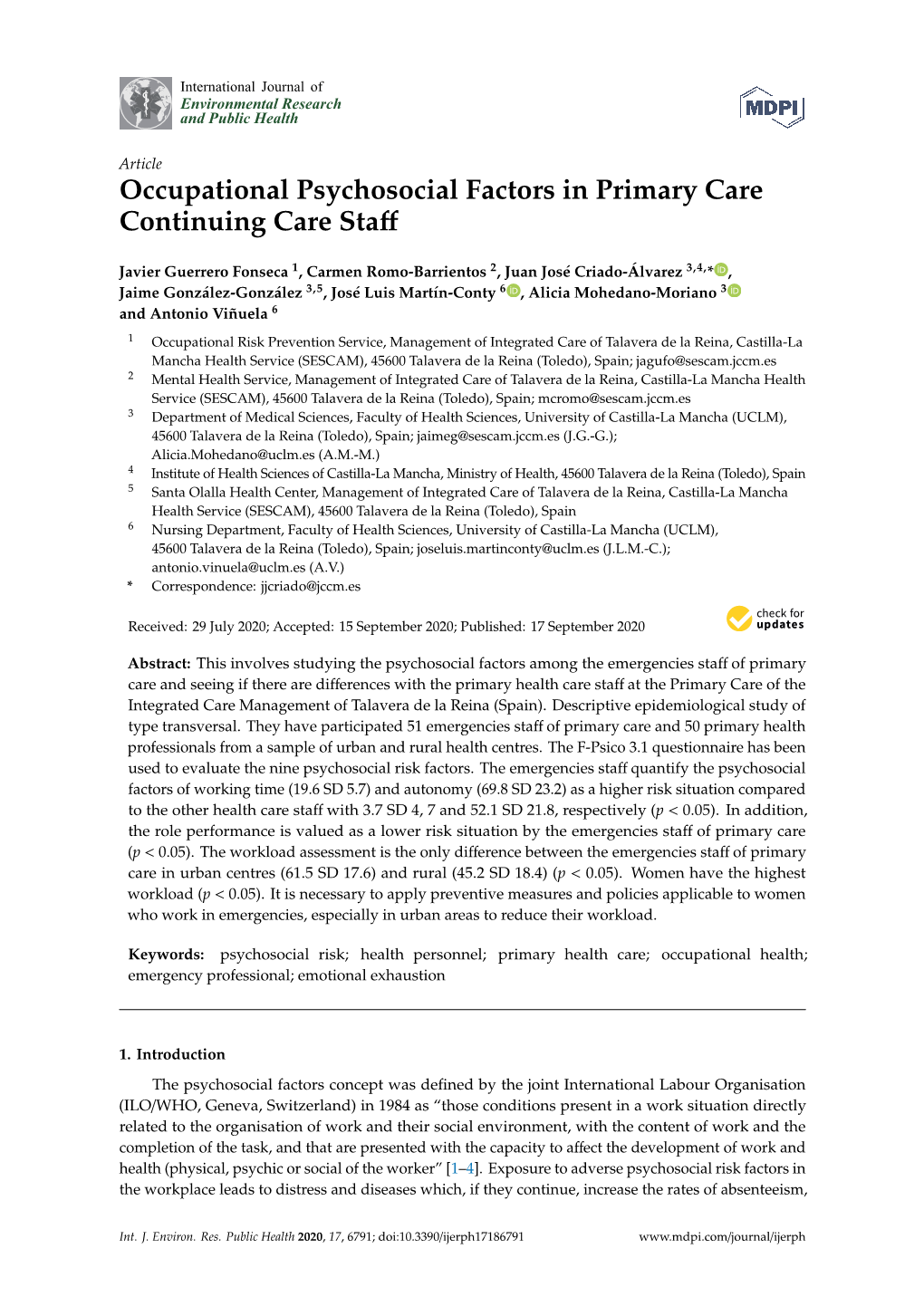 Occupational Psychosocial Factors in Primary Care Continuing Care Staff