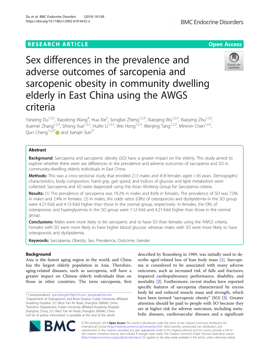 Sex Differences in the Prevalence and Adverse Outcomes of Sarcopenia