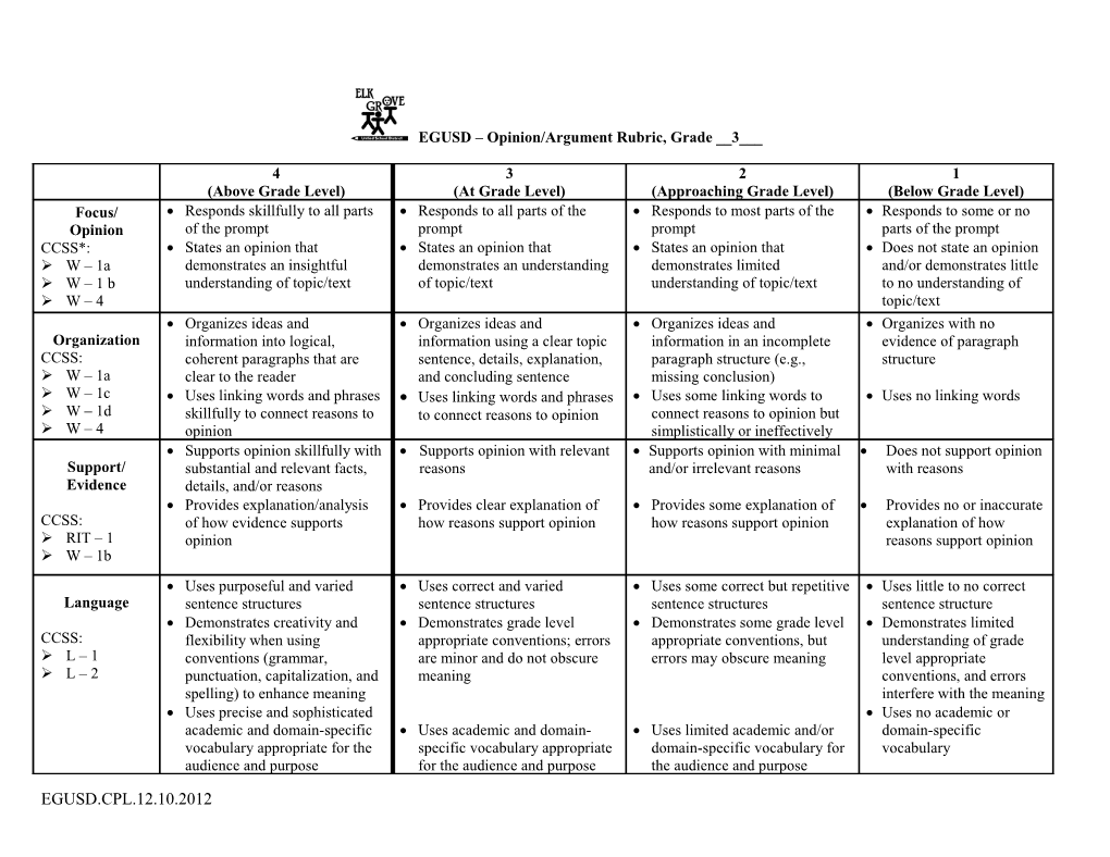 EGUSD – Response To Literature Rubric, Grade _____