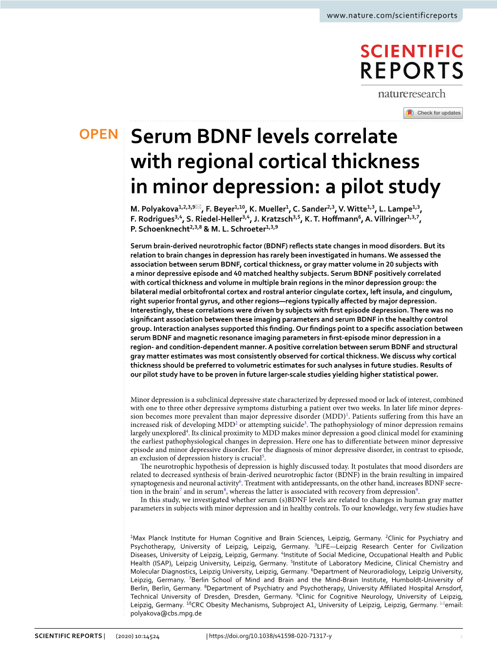 Serum BDNF Levels Correlate with Regional Cortical Thickness in Minor Depression: a Pilot Study M