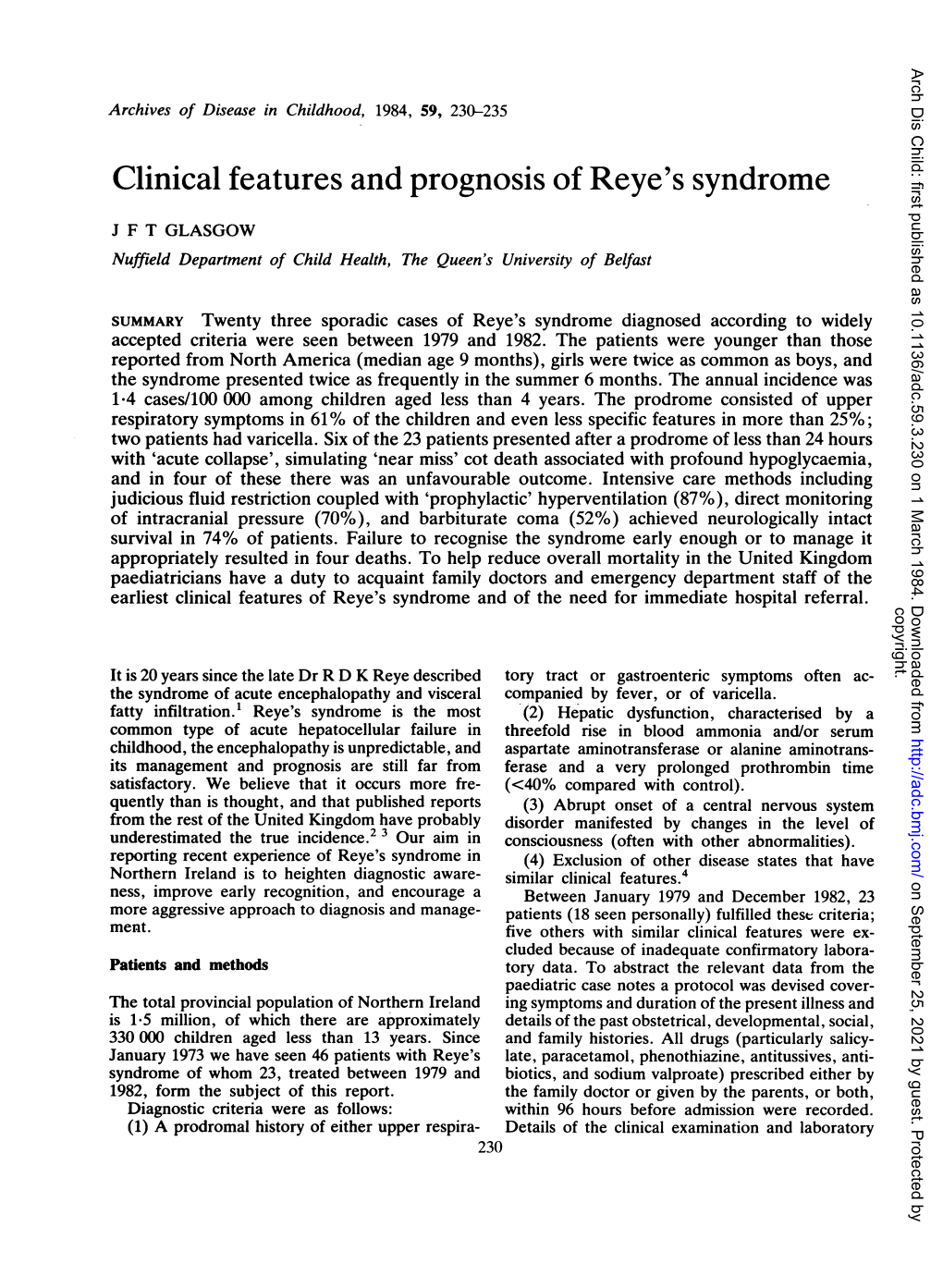 Clinical Features and Prognosis of Reye's Syndrome