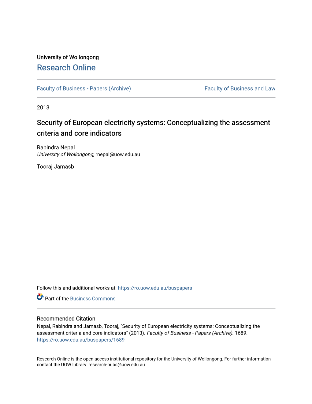 Security of European Electricity Systems: Conceptualizing the Assessment Criteria and Core Indicators