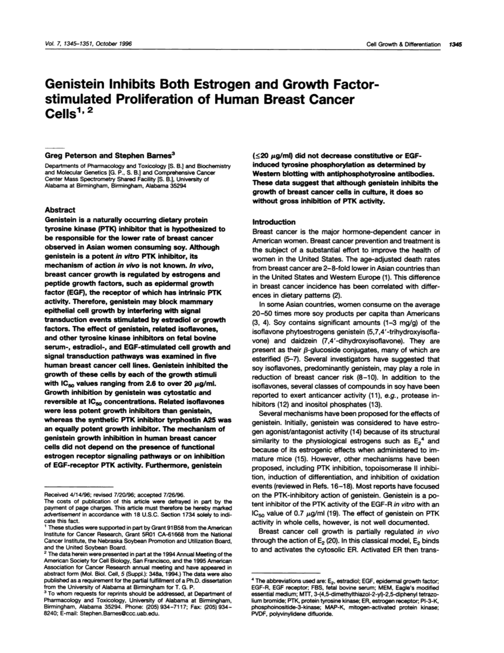 Genistein Inhibits Both Estrogen and Growth Factor- Stimulated Proliferation of Human Breast Cancer Cells1’ 2