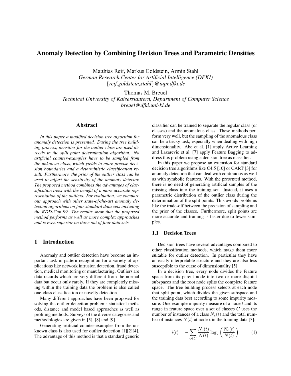 Anomaly Detection by Combining Decision Trees and Parametric Densities