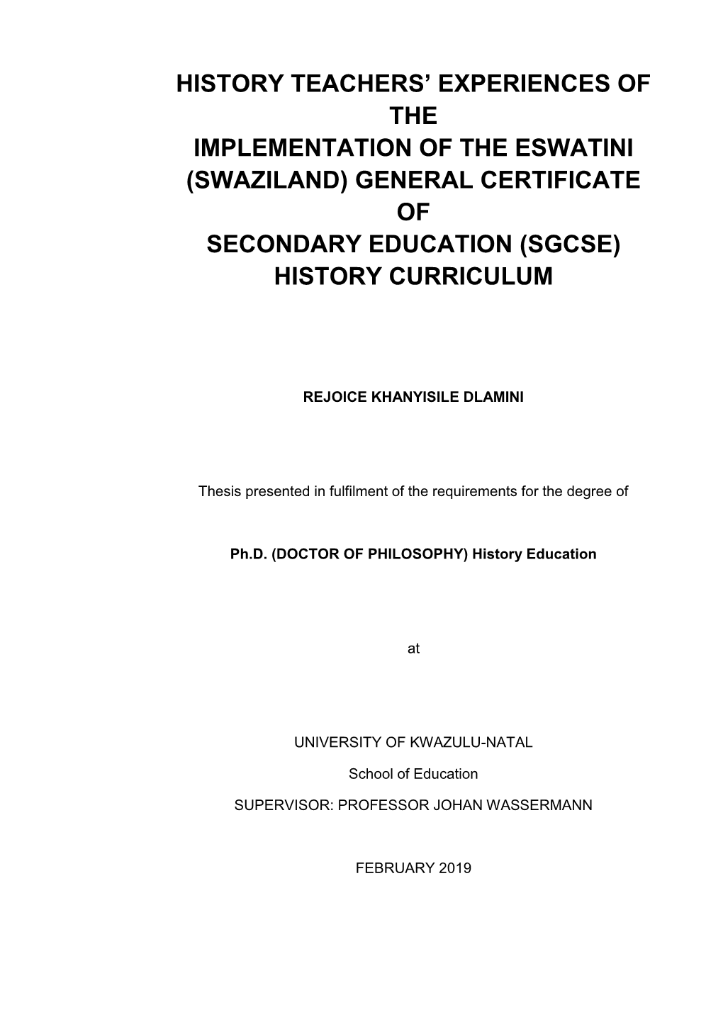 Swaziland) General Certificate of Secondary Education (Sgcse) History Curriculum