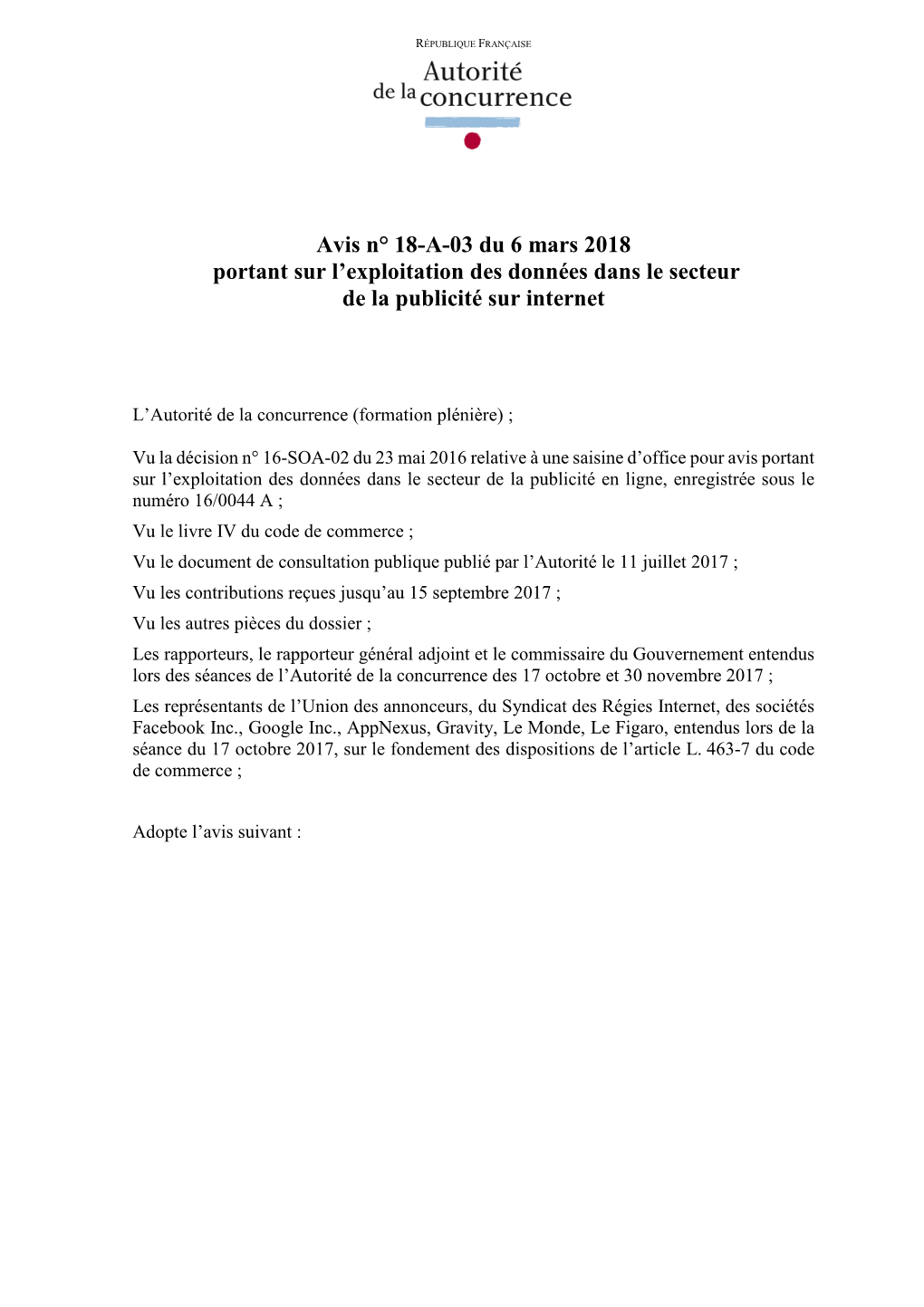 Avis N° 18-A-03 Du 6 Mars 2018 Portant Sur L'exploitation Des