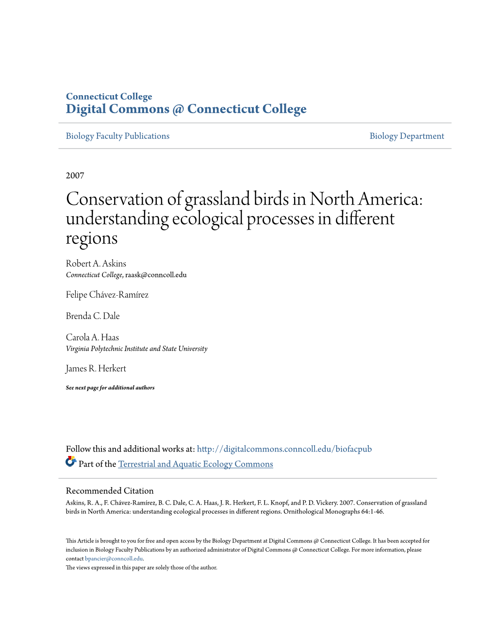 Conservation of Grassland Birds in North America: Understanding Ecological Processes in Different Regions Robert A